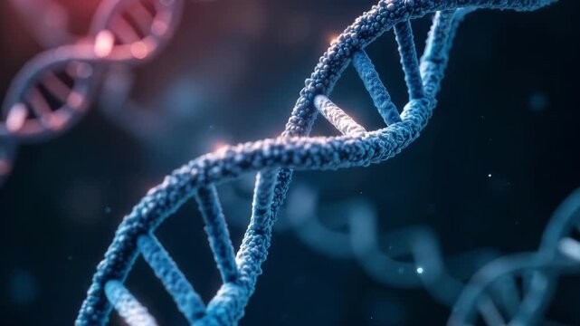 Close up of DNA strand with blue and red color scheme. Concept of complexity and intricacy. Molecule of deoxyribonucleic acid responsible for storage and transmission of genetic information