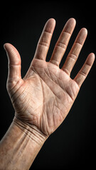 A detailed close up of a human hand displaying skin texture and palm lines