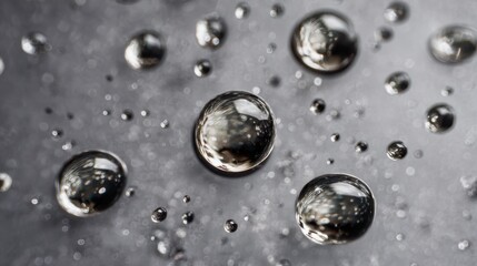 Close-up of water droplets on reflective metallic surface.