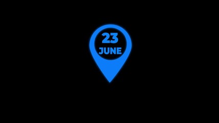 Blue Glowing Pin Marker Displaying Date June 23 on Dark Background date marker digital marker