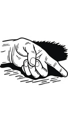 A stark black and white illustration of a pointing hand against a dark background