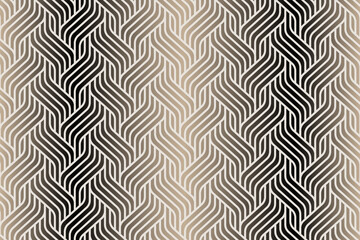 Seamless geometric pattern of flowing, interlocking curved lines arranged in a repeating zigzag formation, with neutral palette of black, beige, taupe, and cream. 
