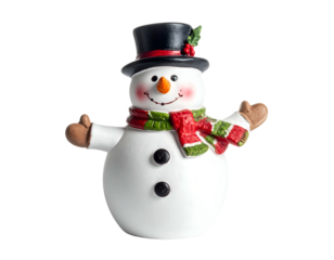 Festive snowman figurine with hat, scarf, and outstretched arms