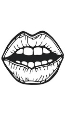 A detailed black and white sketch showcases a pair of expressive slightly parted lips