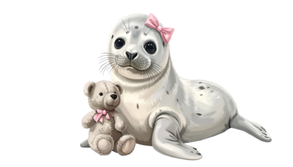 A cute, light gray seal pup with a pink bow sits, hugging a teddy bear with a pink bow