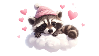 A cute cartoon raccoon, wearing a pink hat, sits on a cloud surrounded by hearts