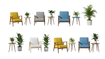 Collection of colorful chairs isolated on transparent background