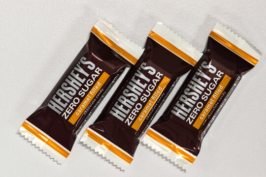 Hersheys zero sugar caramel filled milk chocolate squares pieces in wrappers Houston, Texas USA 12-10-2025.	