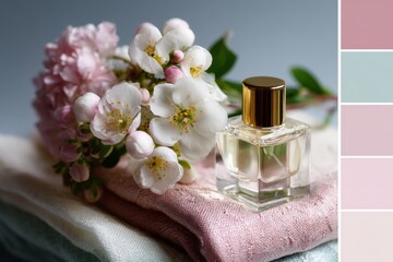 Pastel branding grid with flowers silk fabrics perfume