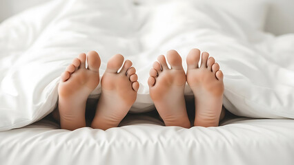 Close up of a couple in bed feet peeking out from under crisp white duvet, morning light.
