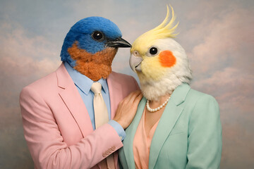 Birds Dressed as Humans: Surreal Couple in Love