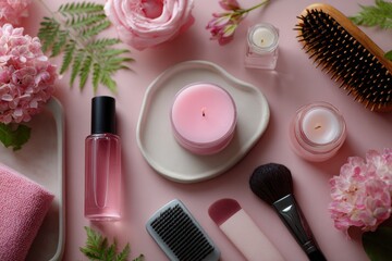Pastel mood board with beauty tools and candles