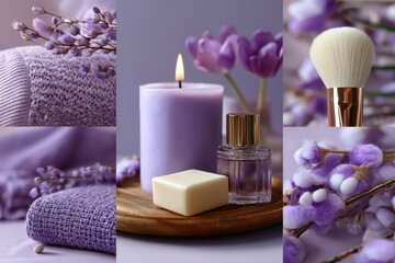 Soft purple collage with candles brushes and fabrics