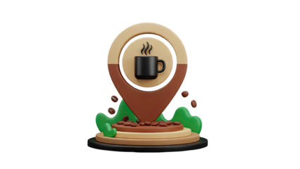 3D Coffee Location Pin with Hot Coffee Cup and Beans