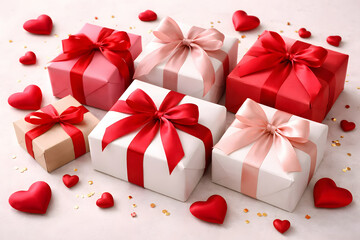 Valentine&rsquo;s Day Gift Boxes with Red Hearts Romantic Background