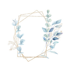 Watercolor wedding vintage wreath with eucalyptus branches. Hand drawn floral  illustration on white background.