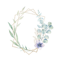 Watercolor wedding vintage wreath with eucalyptus branches. Hand drawn floral  illustration on white background.