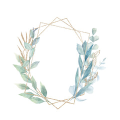 Watercolor wedding vintage wreath with eucalyptus branches. Hand drawn floral  illustration on white background.