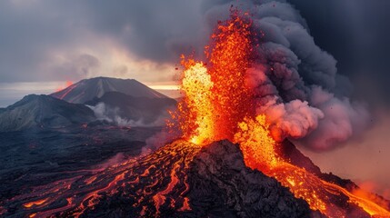 A volcanic eruption with lava flowing and smoke billowing into the sky. The landscape features a rugged terrain with mountains in the background.