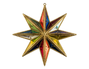 Ornate 8-pointed gold star ornament with colorful enamel