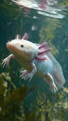 Obraz premium Close-up of albino axolotl swimming in clear water with aquatic plants
