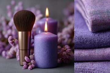 Soft purple collage with candles brushes and fabrics