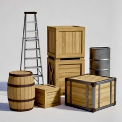 Different types of storage containers and a ladder shown on a plain background