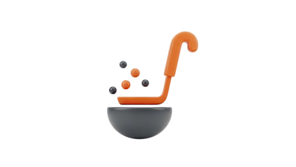 3D Icon of Orange Ladle Scooping Spheres into a Bowl