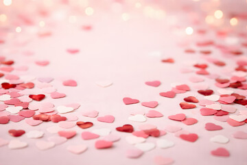 Heart Confetti Romantic Background on Soft Light Surface
