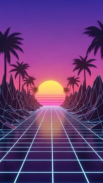 Retro Sunset Palm Trees: 80s Synthwave Grid Road, Neon Vaporwave Aesthetic, Digital Art Illustration