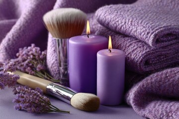 Soft purple collage with candles brushes and fabrics