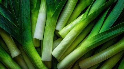 Fototapeta premium Fresh green leeks in a tightly packed arrangement on a dark background.