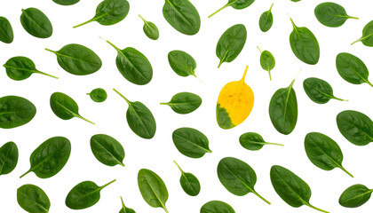Spinach leaves scattered on black background with one yellow, diseased leaf