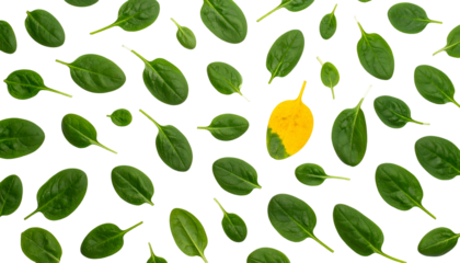 Spinach leaves scattered on black background with one yellow, diseased leaf