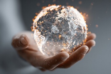 Hand holds a globe illustrating global digital network connection and online education in a virtual classroom setting