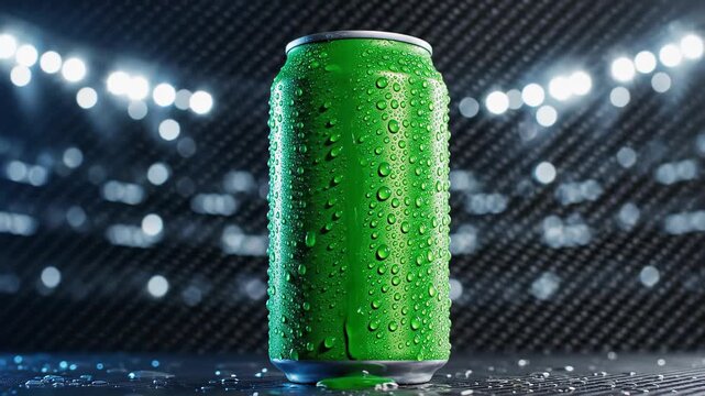 Green Aluminum Soda Can with Water Droplets on Reflective Surface Product Shot