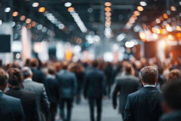 Crowd of business executives network in a busy exhibition hall during a conference event ideal for collaboration and professional presentations
