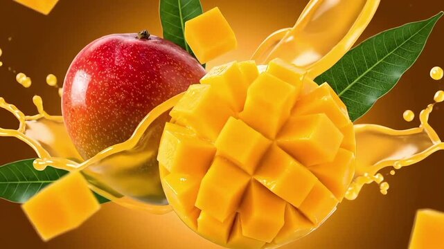 Vibrant image of fresh mangoes, including a whole fruit, diced mango, and cubes, surrounded by splashes of golden mango juice.