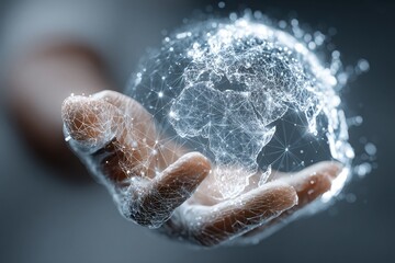Hand holding a global network connection representing technology, data integration, cloud computing, and digital transformation solutions