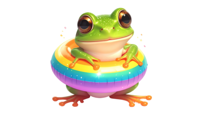 A cheerful frog in a rainbow inflatable tube, vibrant and shiny, against a black background