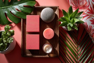Tropicalthemed stock image with coral swatches and skincare