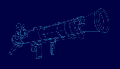 A hand-held grenade launcher blueprint on a blue background features a cylindrical body, long barrel, side handle, top nozzle, and front control panel. © German Ovchinnikov