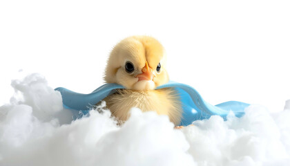 Adorable yellow chick superhero with a blue cape, nestled in puffy white clouds against black