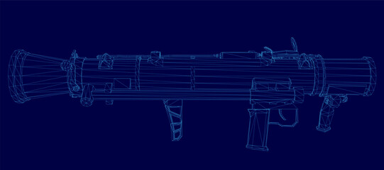 A 3D wireframe blueprint of a hand-held grenade launcher, featuring detailed components like the barrel, handle, and trigger mechanism on a solid blue background. © German Ovchinnikov
