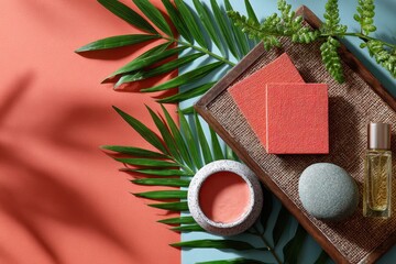 Tropicalthemed stock image with coral swatches and skincare