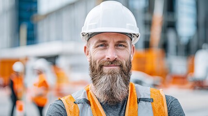 Construction Worker Smiling in Hard Hat and Safety Vest on Job Site