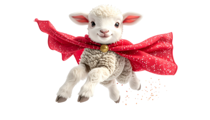 A fluffy lamb wearing a red cape, mid-flight, appearing as a superhero