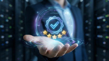 a businessman in a suit holds a glowing blue holographic shield with a checkmark and stars representing data security and trust in a