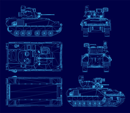 Detailed blueprint of a main battle tank on a blue background, featuring a wireframe set of its tracks, turret, and internal components.