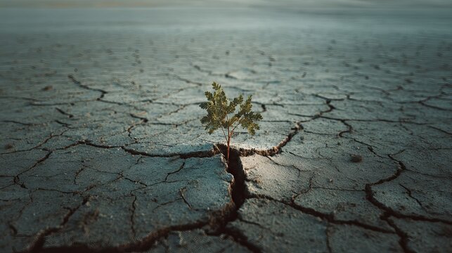 Small green tree growing in cracked, dry, barren, desert landscape